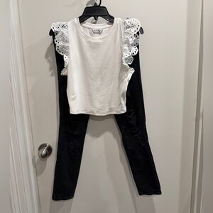 Miss Selfridge White Textured Top and Empyre Distressed Jeans. Pre-Loved.